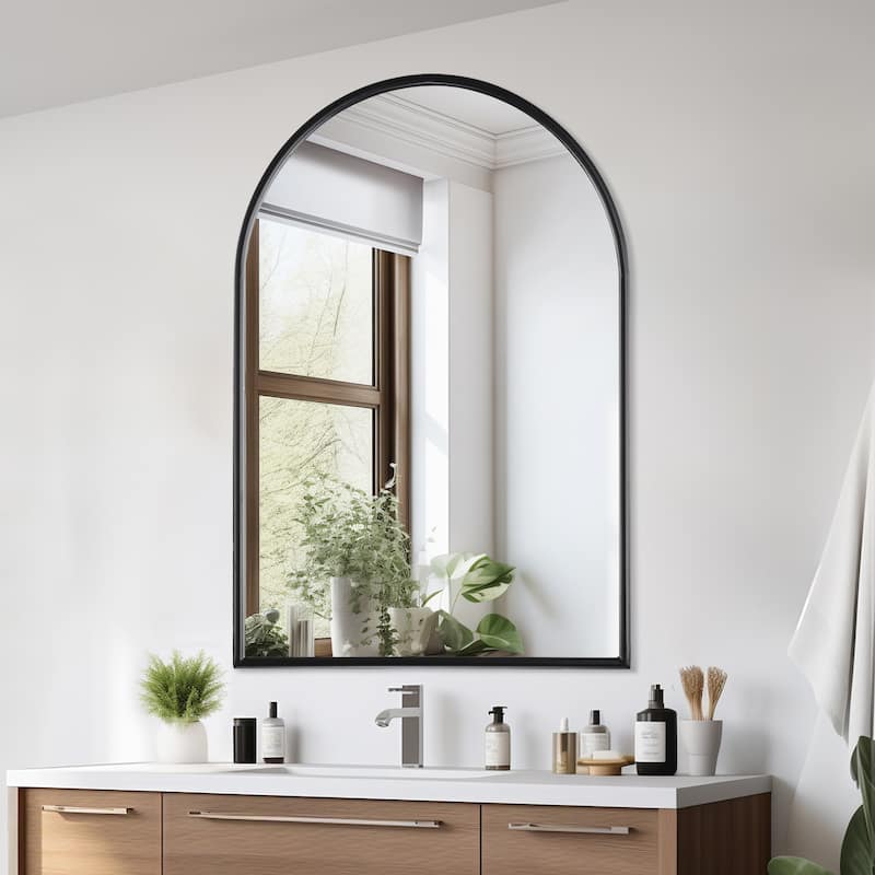 Black 24 in. W x 35 in. H Arched Metal Framed Iron Modern Accent Mirror - 23.6 in. W x 35.5 in. H x 1 in. D