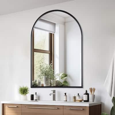 Black 24 in. W x 35 in. H Arched Metal Framed Iron Modern Accent Mirror - 23.6 in. W x 35.5 in. H x 1 in. D