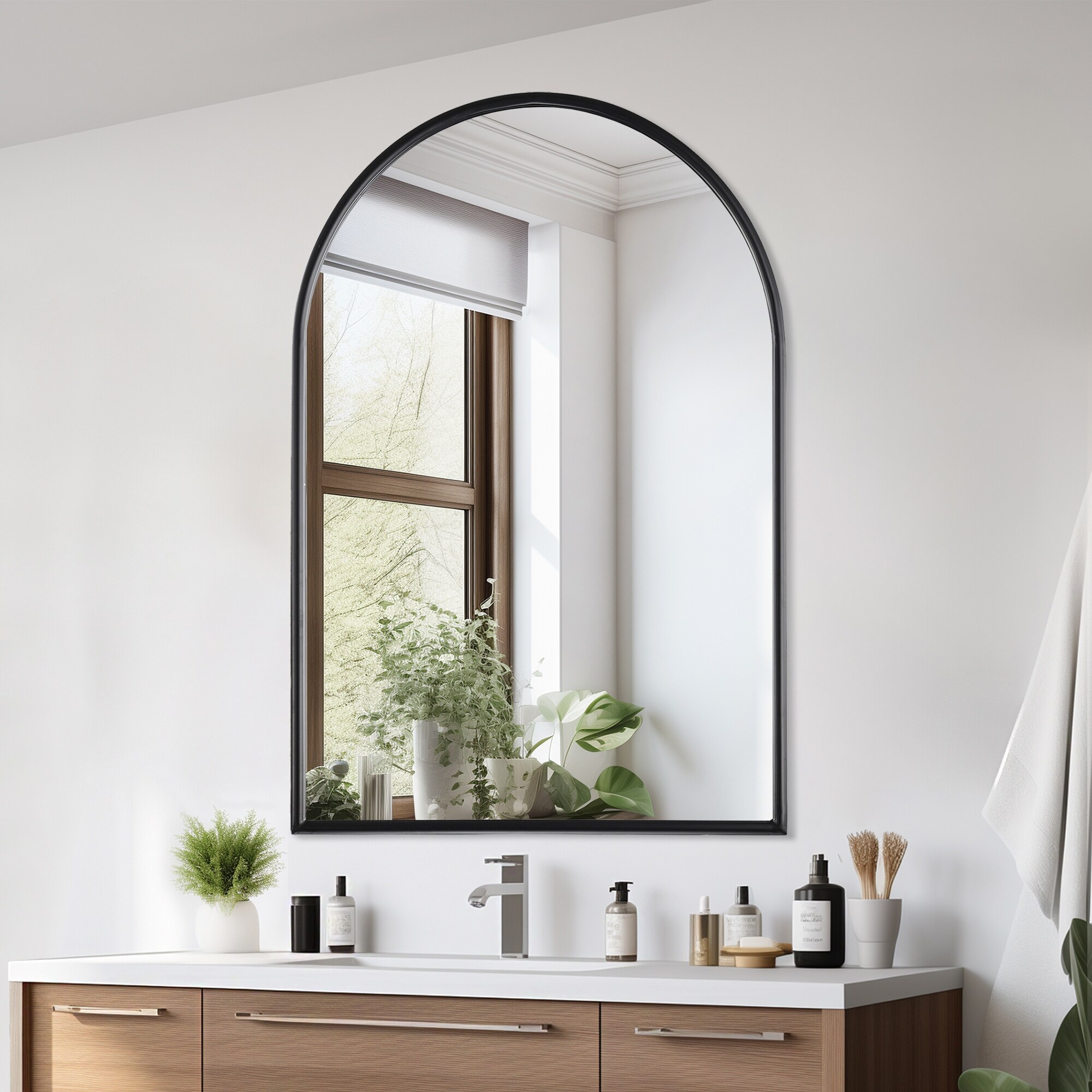 Black 24 in. W x 35 in. H Arched Metal Framed Iron Modern Accent Mirror - 23.6 in. W x 35.5 in. H x 1 in. D