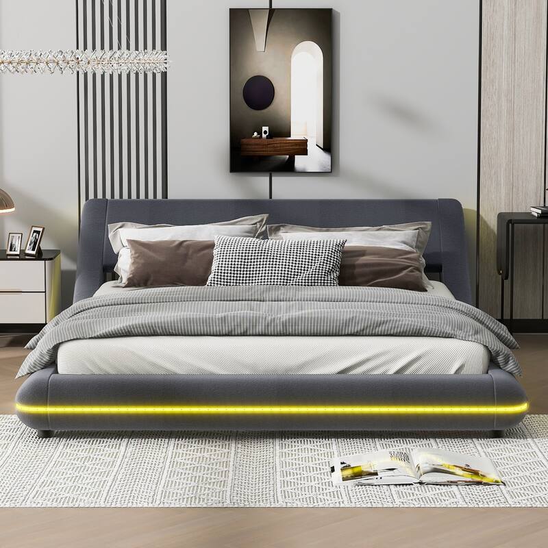 Upholstered Platform Bed Frame with Sloped Headboard, Queen Size Bed