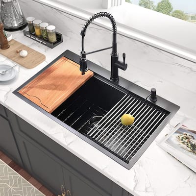Modern 33'' Drop-in Single Bowl Stainless Steel Kitchen Sinks, Workstation Sink for Kitchen - 33