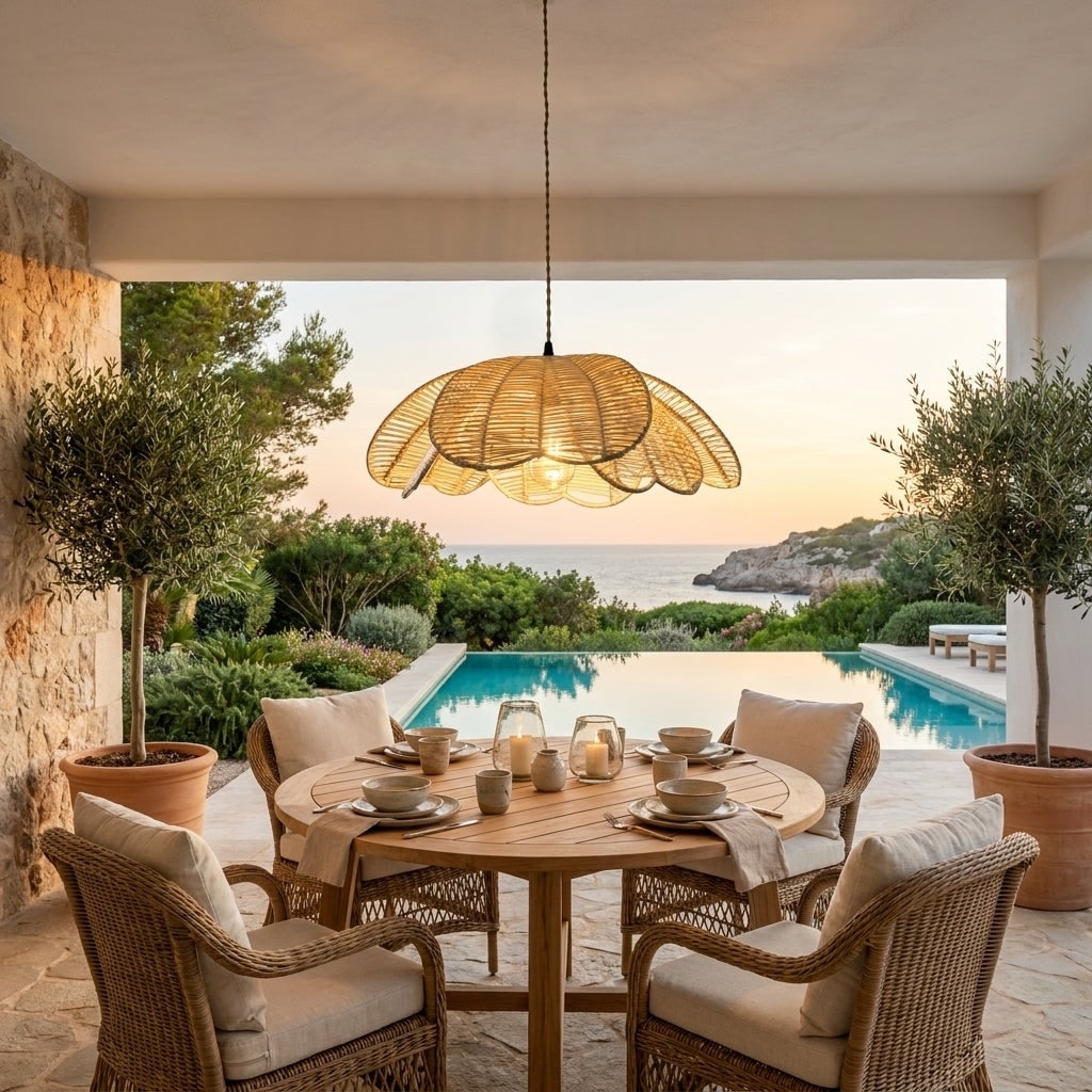 raratan♡ Boho Rattan Flower Pendant Light Coastal Hanging Fixture Light