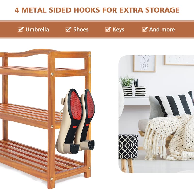 Costway 3-Tier Wood Shoe Rack Solid Acacia Wood Shoe Shelf with Side