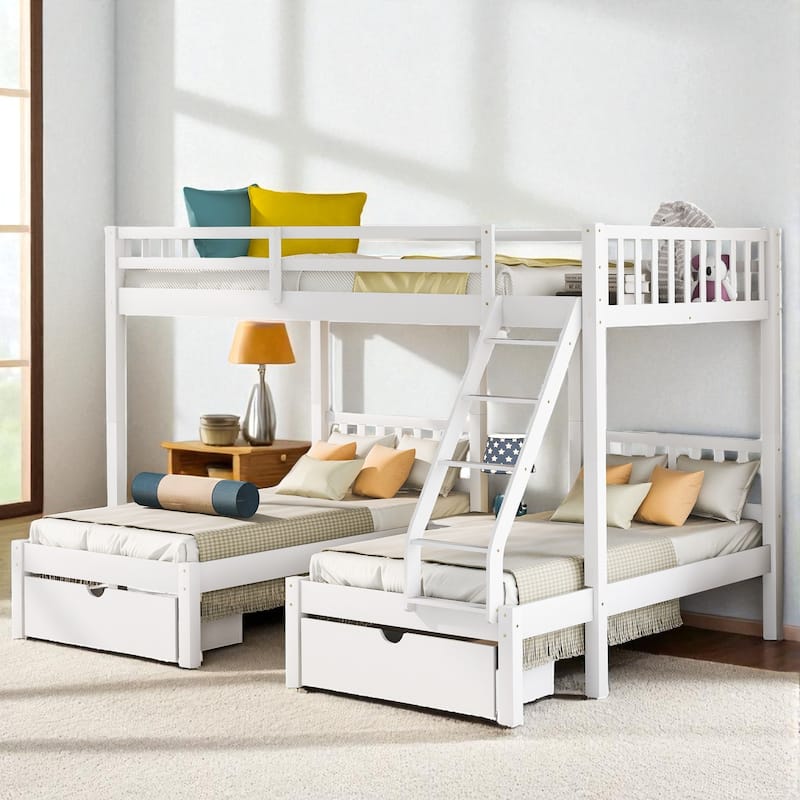 Full Over Twin & Twin Triple Bunk Bed with Drawers, Wooden 3 Beds in 1 with Guardrails and Storage