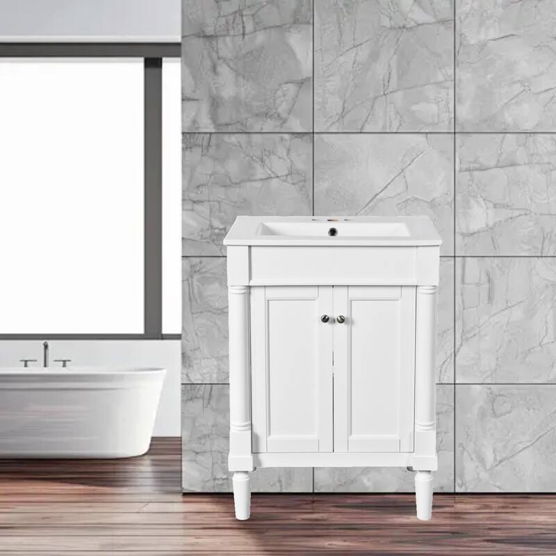 Modern 24'' Bathroom Vanity with Ceramic Sink, 2-Tier Storage Cabinet for Bathroom Essentials - White