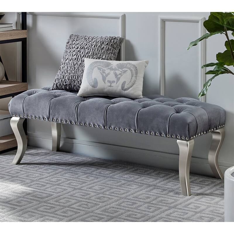 Tufted Fabric Upholstered Bench with Nailhead Trim - Grey