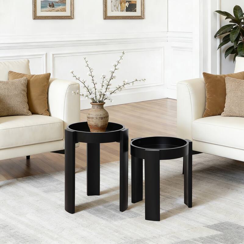 Black Nesting Side Tables Set of 2, Round MDF End Tables for Living Room