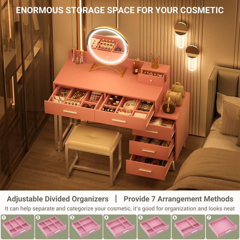 Makeup Vanity Desk with Stool and LED Mirror, Modern Makeup Table Vanity Desk with 6 Storage Drawers