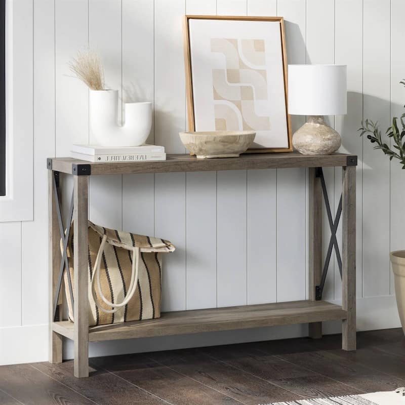 Wood Finish Entryway Console Table with Lower Shelf and Metal Accents for Shoes or Decor - 30'' H X 46'' L X 11.75'' W - Taupe-Grey 