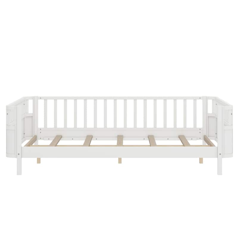 Multi Size Low Platform Bed for Kids with Rounded Corners Guardrails, Detachable Right-side Fence and Open Left-side Design