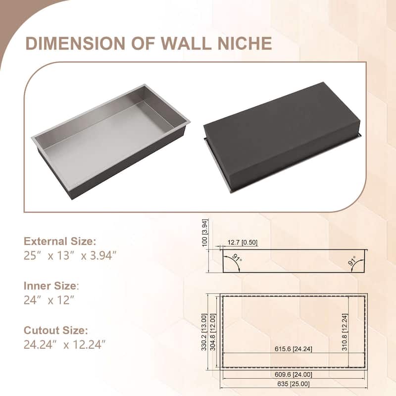 Lordear Brushed Stainless Steel 24'' x 12'' Bath Shower Niche Bathroom Storage