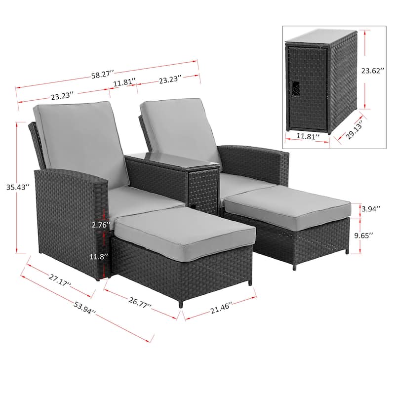 5-Piece Black Wicker Outdoor Recliner Chaise Lounge Sofa Clearance