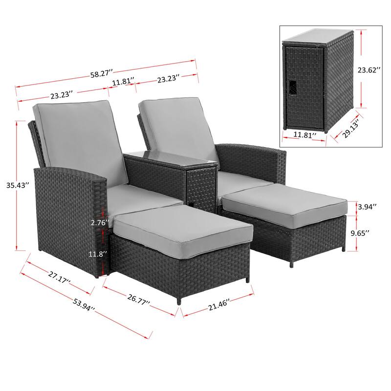 5 Piece Rattan Wicker Outdoor Chaise Lounge Recliner Back Adjustable with white cushions - 83*56