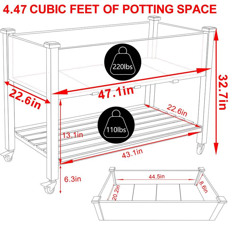 VEIKOUS Wood Raised Garden Bed Planter Box with Four Wheels and Legs, 46.8''W x 22.4''D x 33''H - 46.8''W x 22.4''D x 33''H