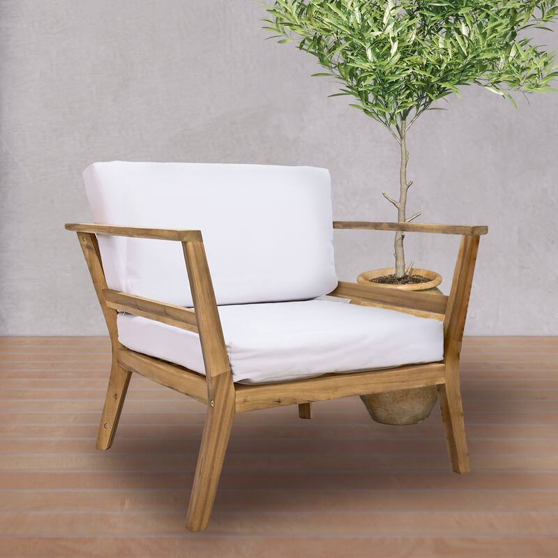 Sunnydaze Bodie Acacia Armchair with Cushions - Club Chair for Patio - Bone White Cushions