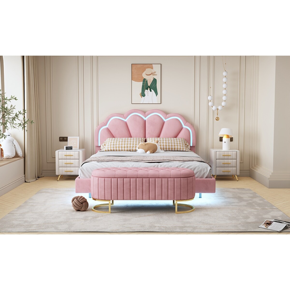 2-Pieces Gorgeous Bedroom Sets, Queen Size Upholstered Velvet LED Platform  Bed Frame, Storage Ottoman Footrest Bench - Bed Bath \u0026 Beyond - 38241758, image size:1200x1200