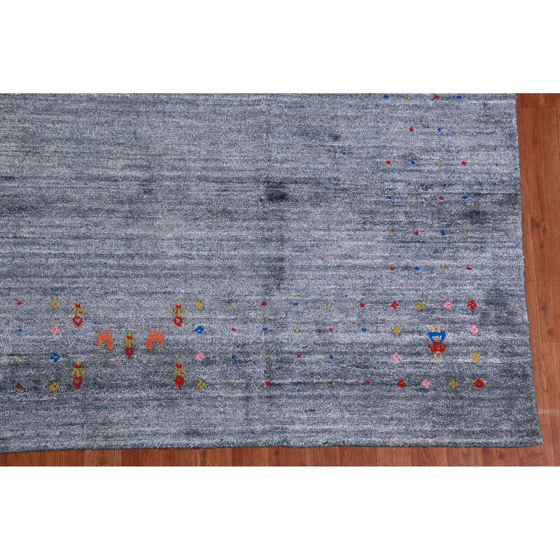 Tribal Gabbeh Indian Area Rug Hand-Knotted Blue Wool Carpet - 9'0" x 12'4"