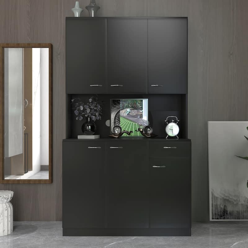 Anmytek 70.87" Tall Black Kitchen Pantry Cabinet with 6 Doors 1 Drawer and Open Shelf for Bedroom Kitchen Storage