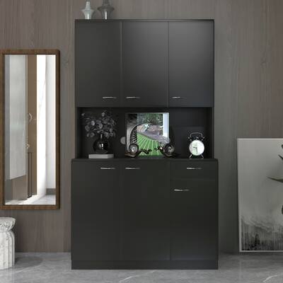 Freestanding Armoires Kitchen Cabinet, Tall Black Wardrobe Storage Cabinet with 6 Doors and Drawer for Bedroom