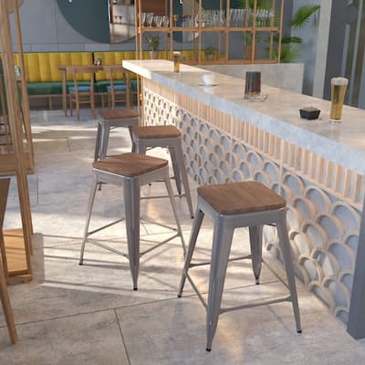 4Pk 24" High Backless Clear Coated Metal Counter Height Stool - Square Wood Seat