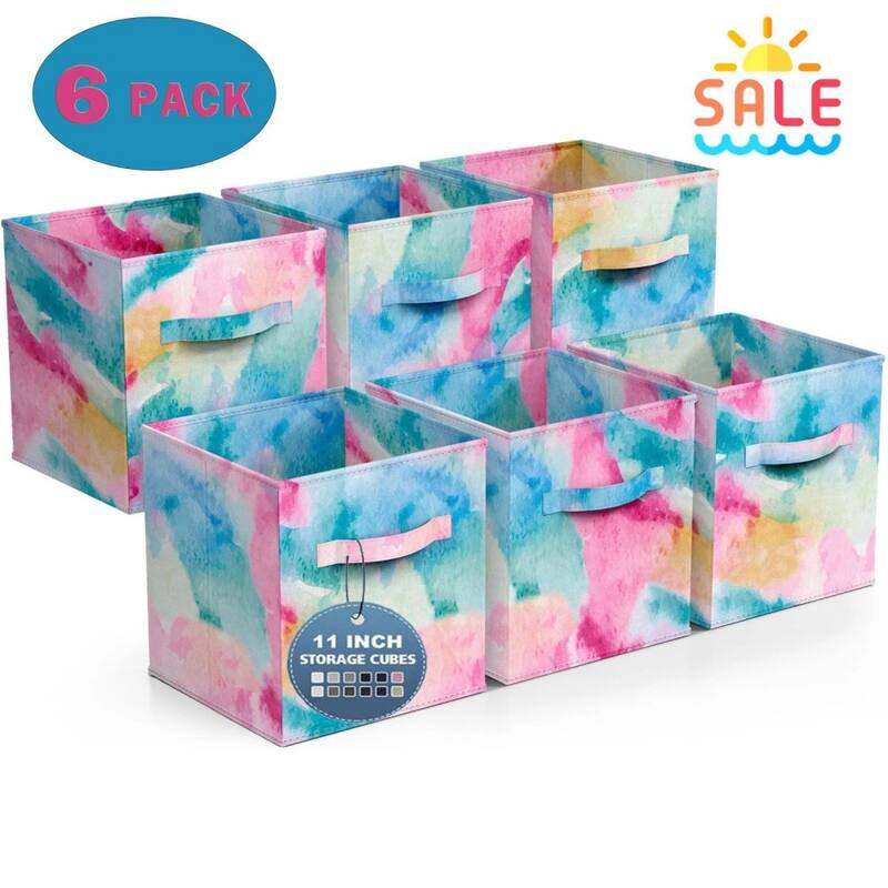 Tie Dye Fabric Storage Cubes,6 Foldable Collapsible Organizer Bins - Blue