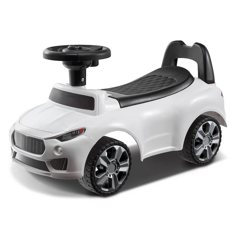 Plastic Ride on Push Car with Sit to Stand Toy and Music Steering Wheel Perfect Gift for Kids - 25.98 x 11.42 x 14.17 in - White