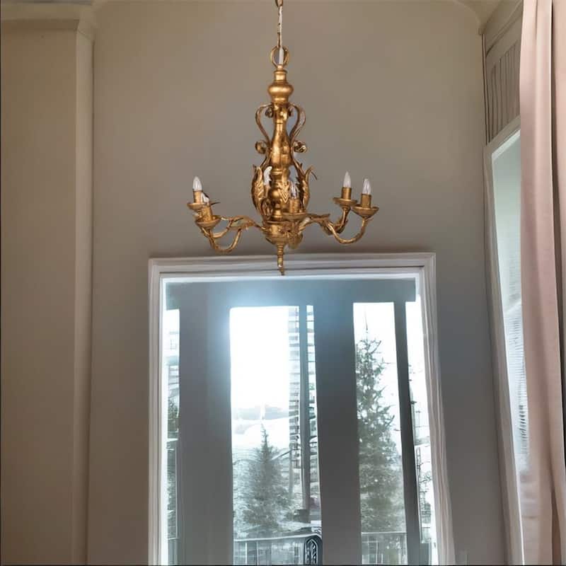 6 - Light Metal Chandelier with Adjustable Chain（No Bulb） - Gold