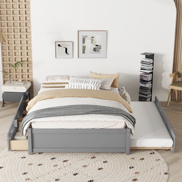 slide 2 of 18, Simple Platform Bed Full Size Wood Bed Frame with Twin Trundle and 2 Drawers Suit for Kids Bedroom, No Box Spring Needed Grey Grey - Full