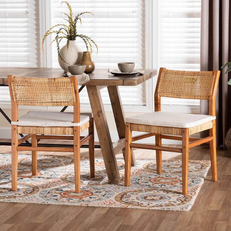 Chatura Natural Rattan and Mahogany Wood Dining Side Chair - Handwoven Wicker Dining Chair with Angled Back