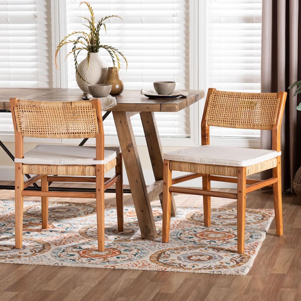 Chatura Natural Rattan and Mahogany Wood Dining Side Chair - Handwoven Wicker Dining Chair with Angled Back