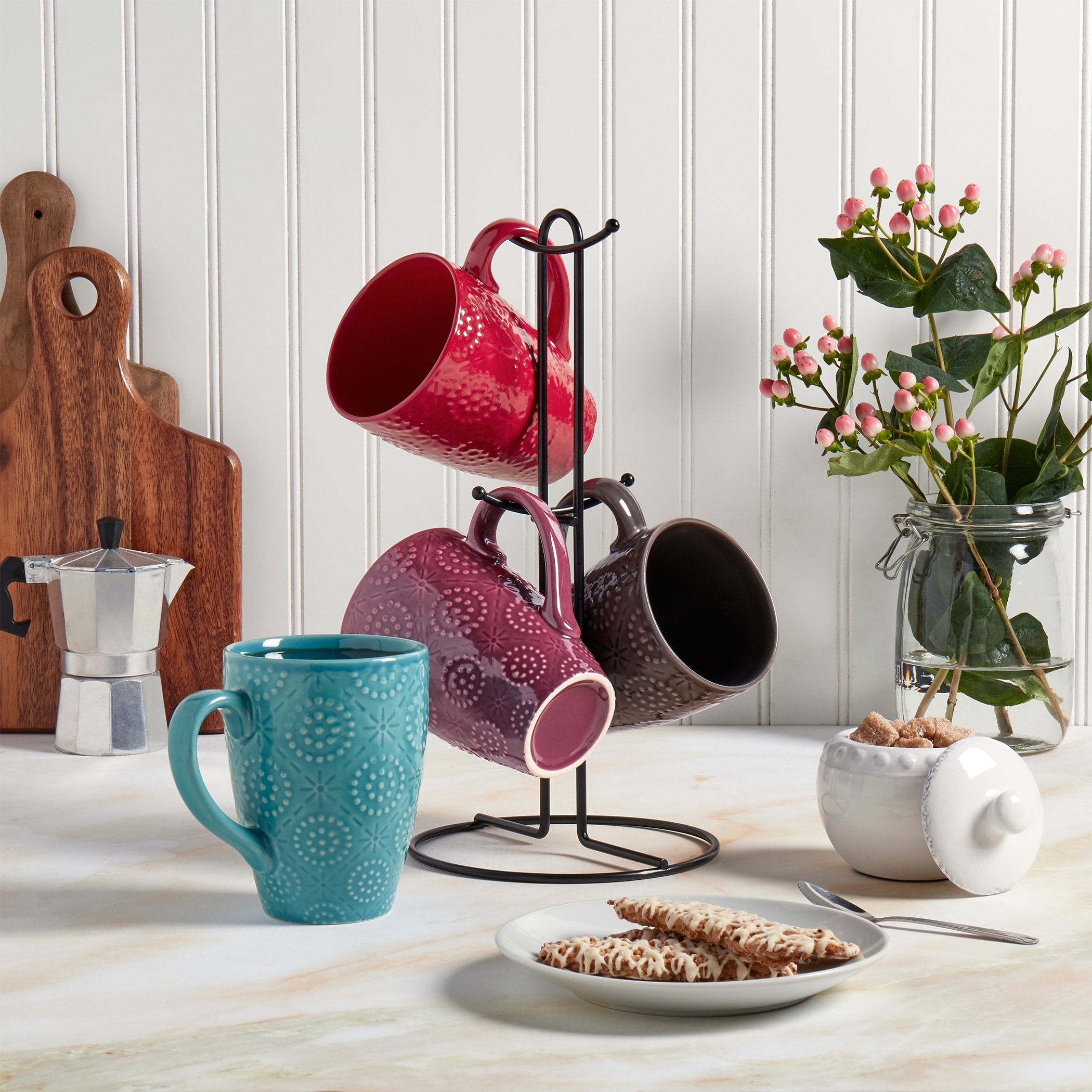 Tabletops Avenue 4-Piece Assorted Coffee Mug Set with Tree Rack