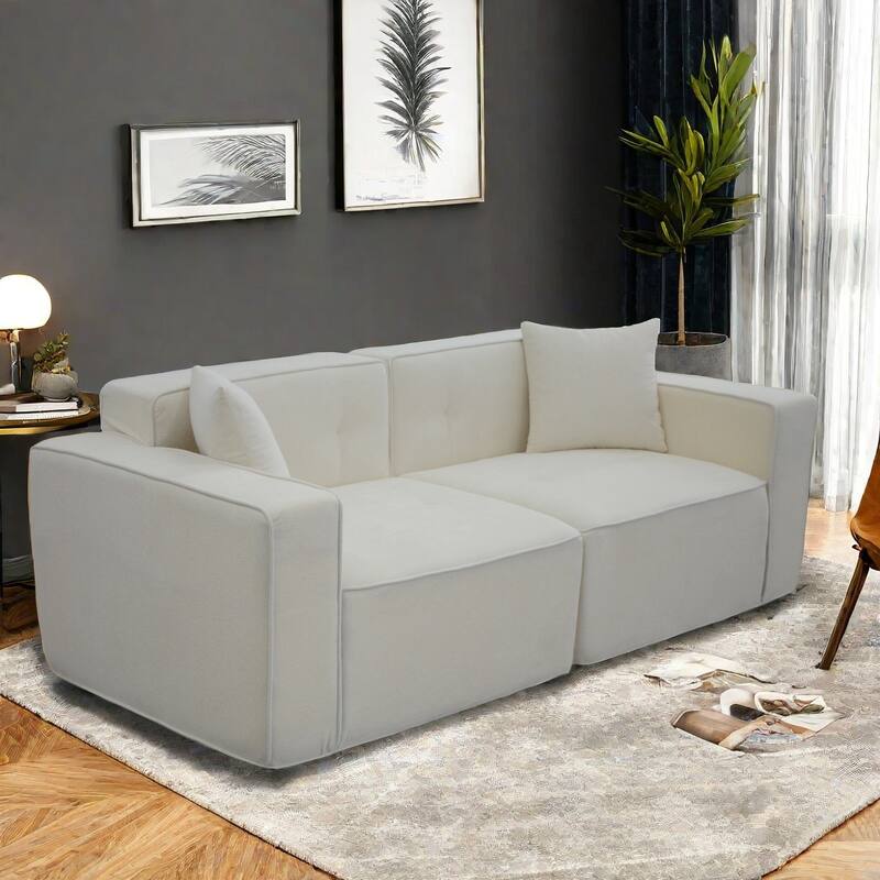 White Fabric 79x35x28 Inch Full Foam Compression Sofa with Ergonomic Design
