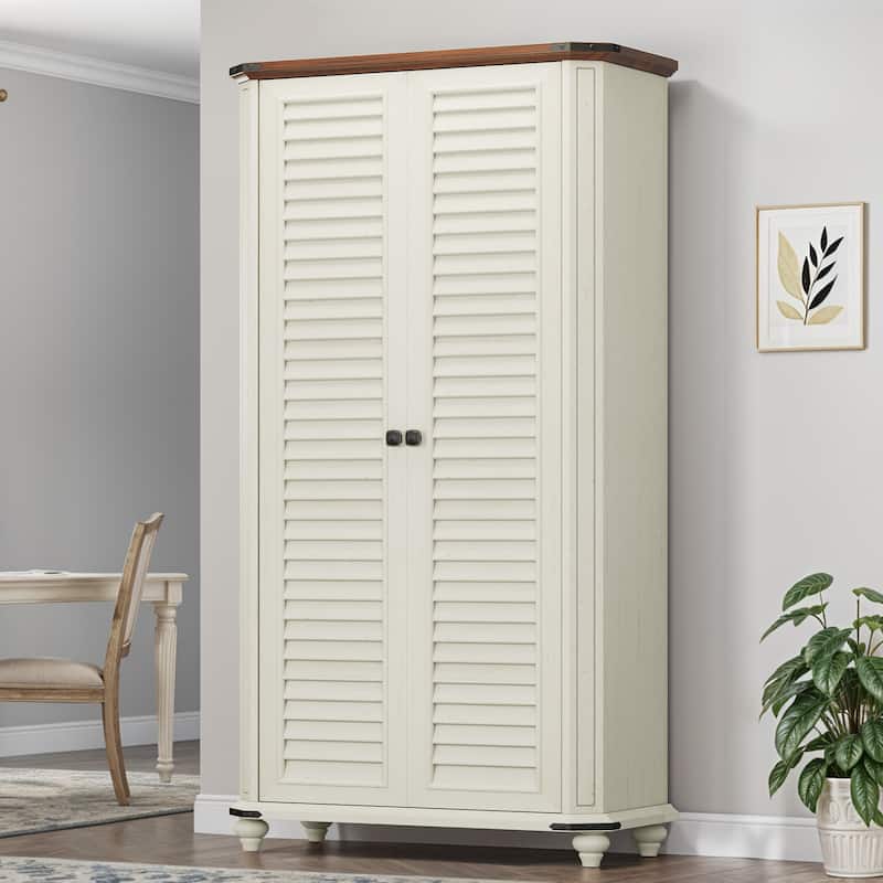 Moasis Farmhouse Pantry Cabinet 4-Tier Storage Cabinet with 2 Magnetic Doors and Adjustable Shelves&Hooks - White