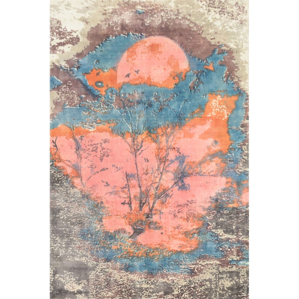 Hand Knotted Oriental Viscose Silk Carpet Modern Pictorial Pink Abstract Area Rug - 7' 3'' X 5' 5''