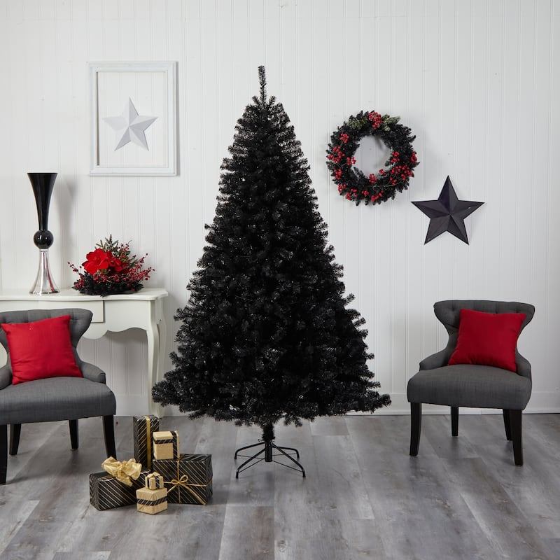 7ft Black Christmas Tree Pre-Lit - Artificial Holiday Tree with Clear Lights & Bendable Branches - 84