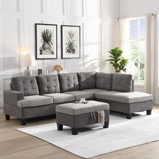 Fabric Tufted Sofa Set in Grey with Chaise Lounge and Storage Ottoman - 102"Wx70"Dx35"H