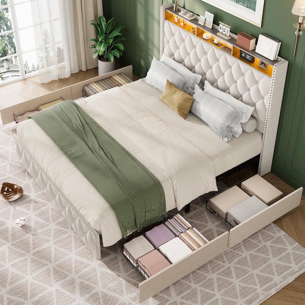 Velvet Upholstered Bed Frame with 50.8" Tall Headboard, USB Charging Station, Led Lights