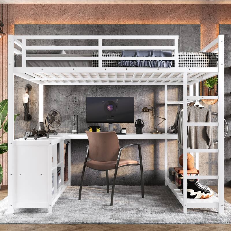Metal Loft Bed with Wardrobe and L-shaped Desk, Queen Size Loft Bed with Storage Cubes and Shelves