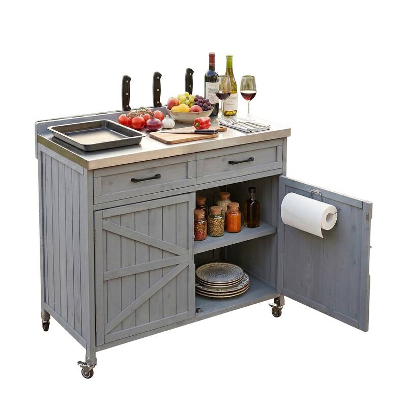 39.4" Outdoor Kitchen Island with Stainless Table Top, with One Large Drawer, Internal Storage Racks & 4 Wheels