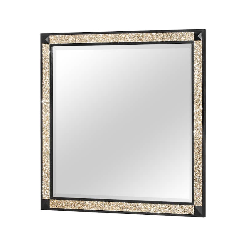 HomeRoots 36" Black And Gold Faux Crystal And Wood Dresser Mount Framed Mirror - 38.00 in. x 36.00 in. x 1.00 in.
