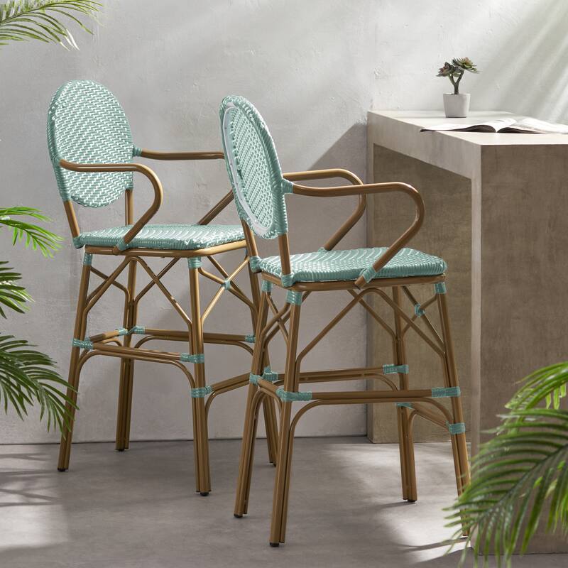 Outdoor Wicker and Aluminum Barstools, Set of 2