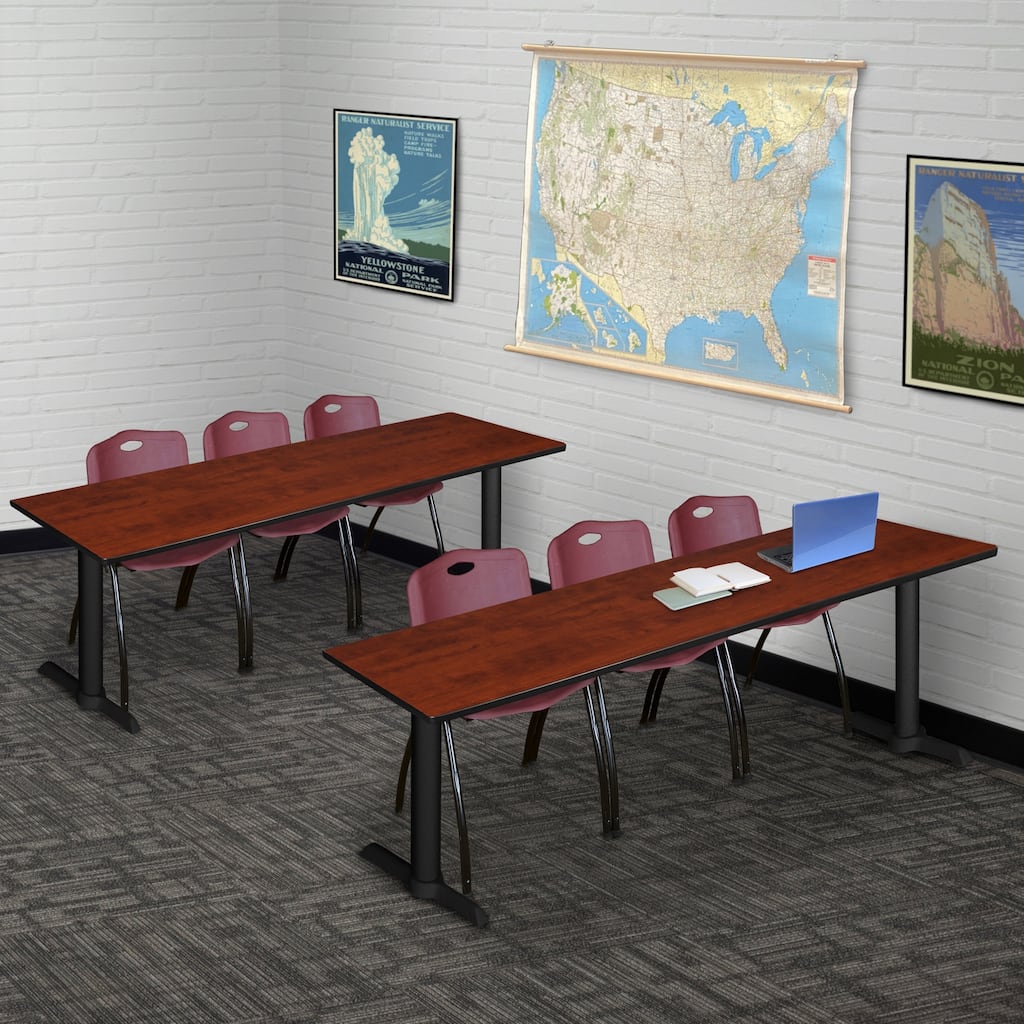 84" x 24" Training Table- Cherry & 3 'M' Stack Chairs- Burgundy