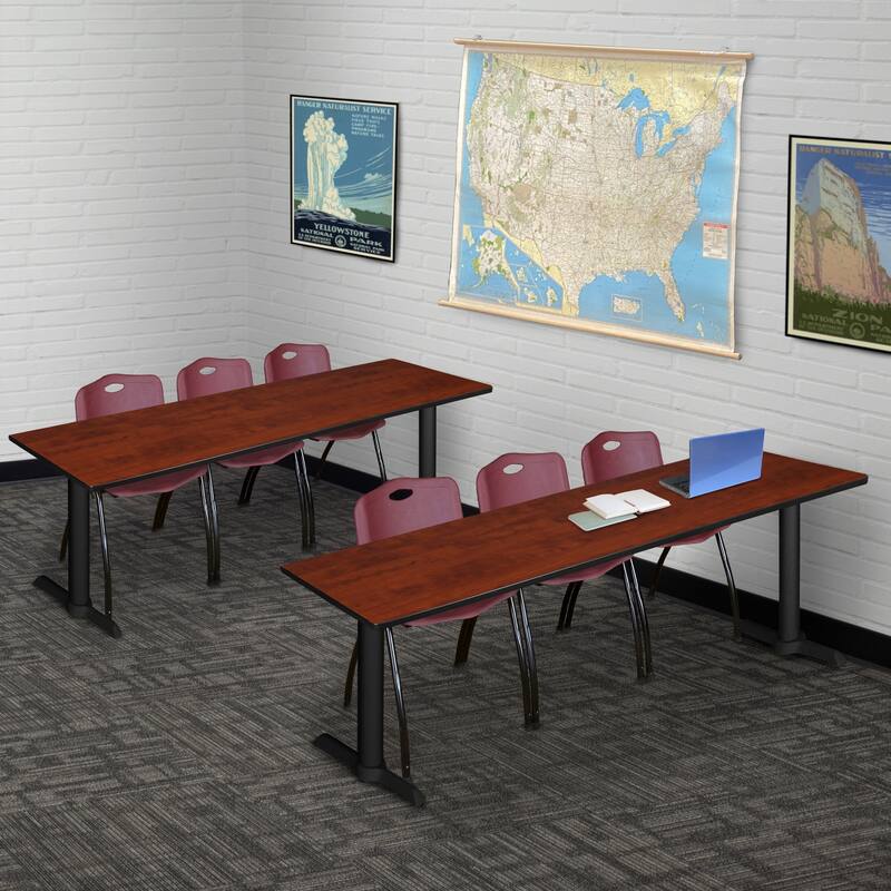 84" x 24" Training Table- Cherry & 3 'M' Stack Chairs- Burgundy