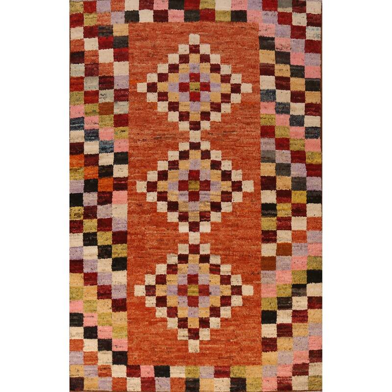 Checkered Orange Moroccan Oriental Area Rug Handmade Wool Carpet - 6'7" x 9'10"