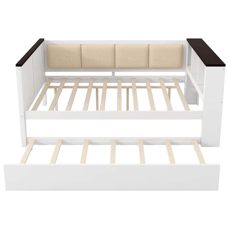 GDFStudio - Wood Daybed with Storage Shelves, Upholstered Backrest, Trundle and USB