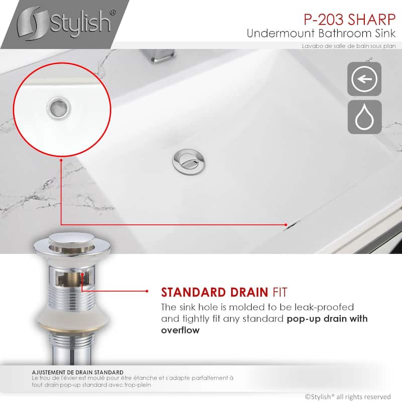 STYLISH Porcelain Rectangular 21 inches Undermount Ceramic Bathroom Sink with Overflow