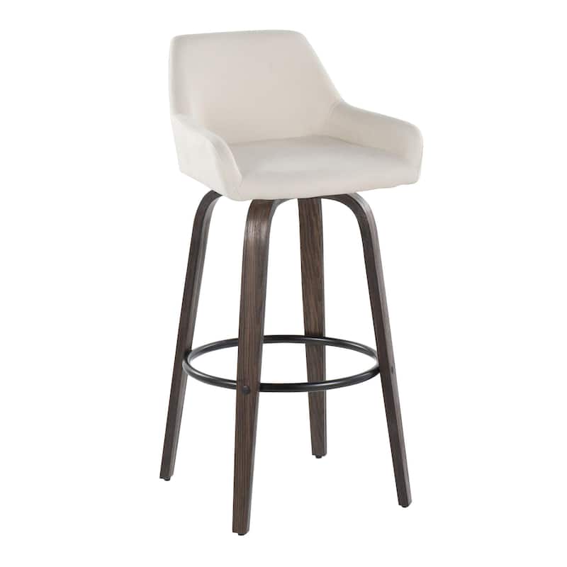 Porch & Den Galotti 30" Fixed-Height Bar Stool with Bent Wood Legs & Round Footrest (Set of 2) - Cream Fabric/Walnut Glazed/Black Metal