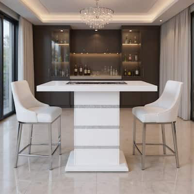 HomeRoots 47" White Silver And Black Glass Faux Crystal And Wood Square Bar Table - 47.00 in. x 38.00 in. x 47.00 in.