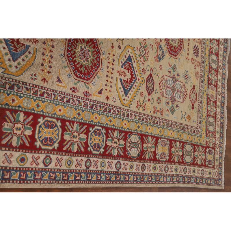 Hand Knotted Oriental 100% Wool Carpet Traditional Tribal Beige & Ivories Kazak Area Rug - 9' 6'' X 6' 9''