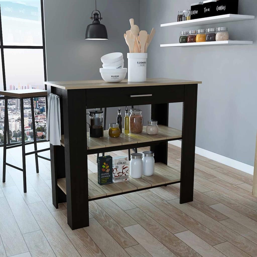 Kitchen Island - Rustic Bar Cart - Black Wengue & Light Oak Finish - Storage Solution